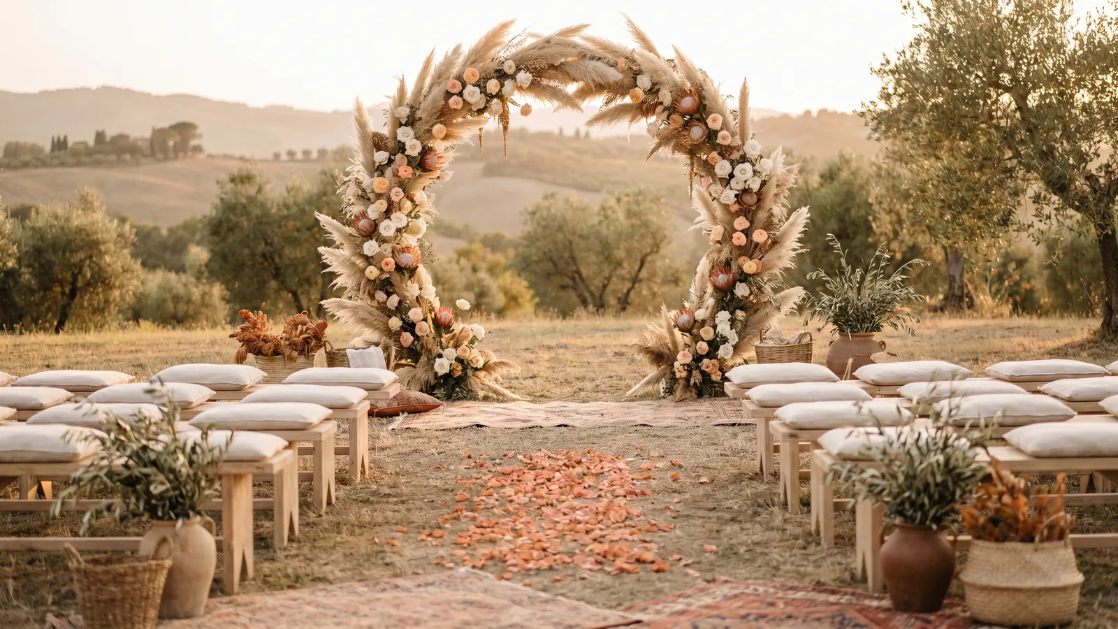 Boho trouwceremonie met droogbloemenboog en houten bankjes in warm avondlicht