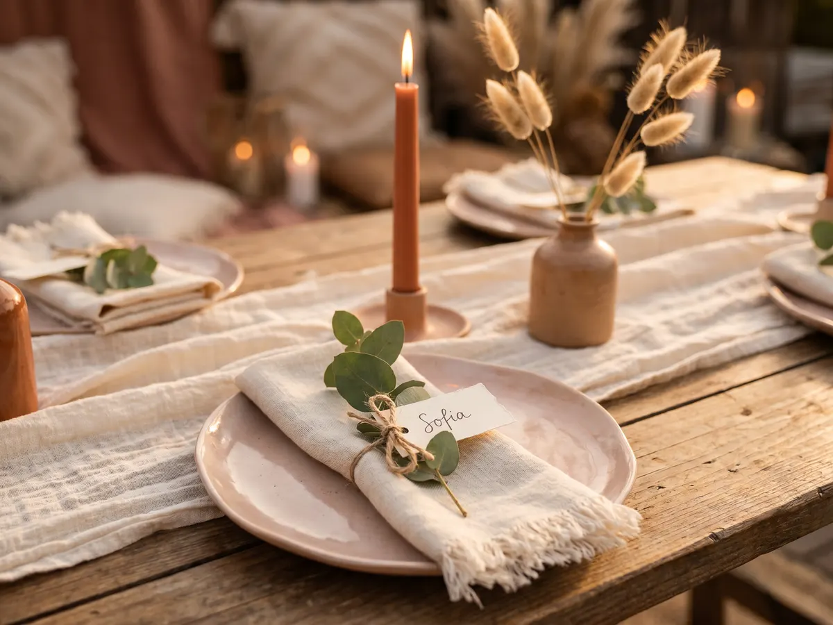 Detail van een gedekte boho bruiloftstafel met blush servies en terracotta kaarsen