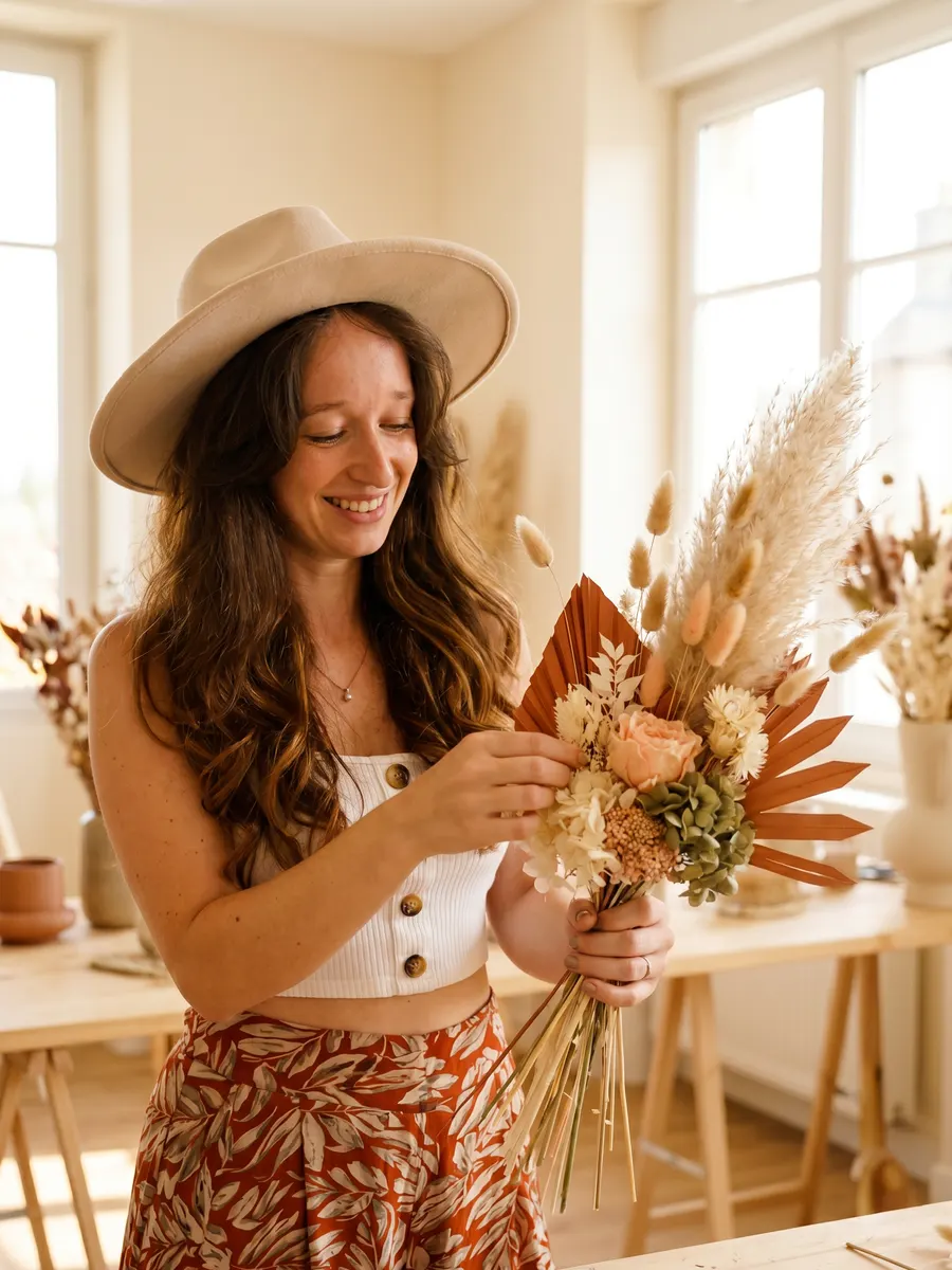 Eelke schikt een droogbloemenboeket in terracotta en creme in haar atelier