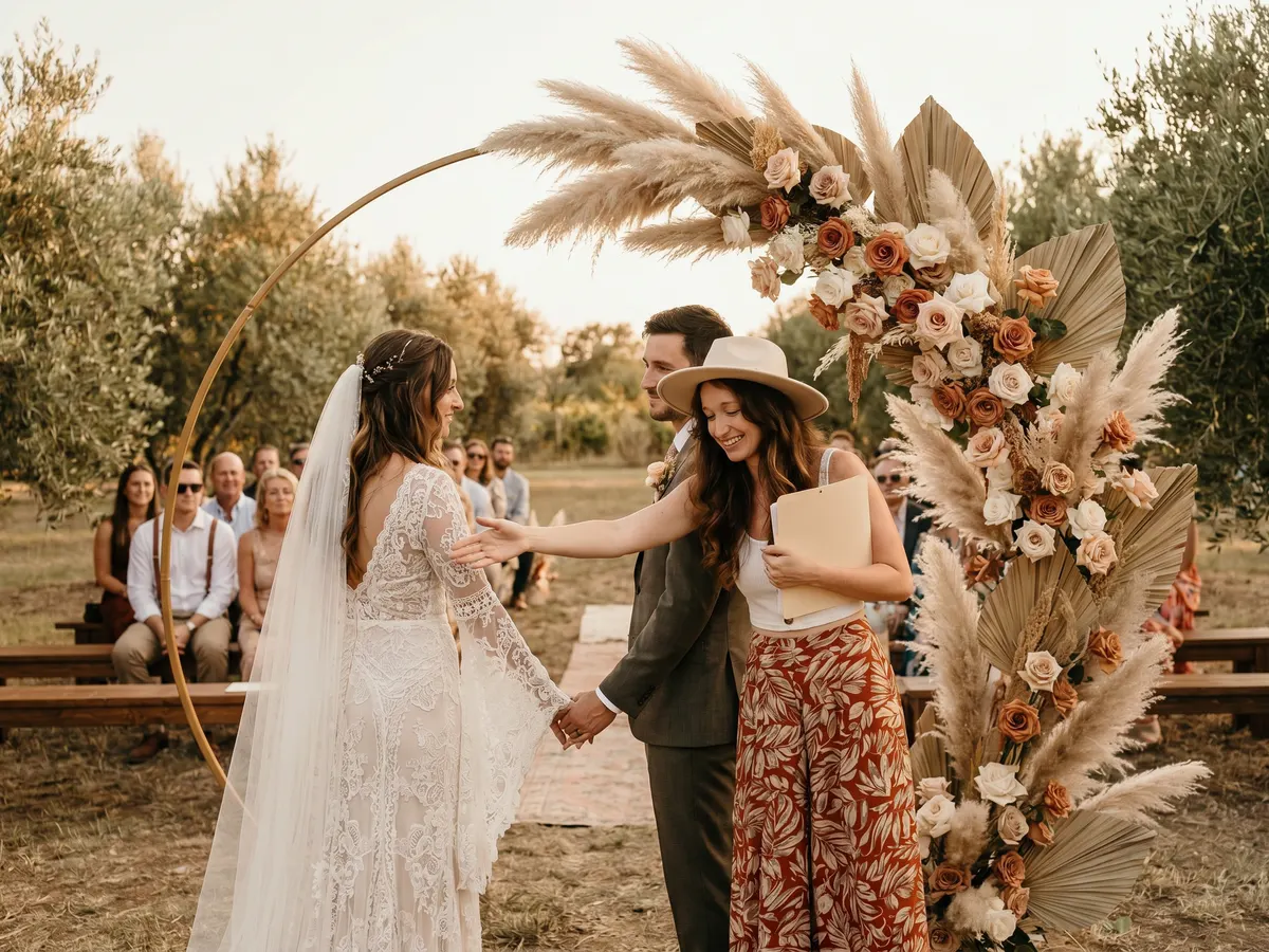 Eelke begeleidt een bruidspaar naar hun boho ceremonieplek