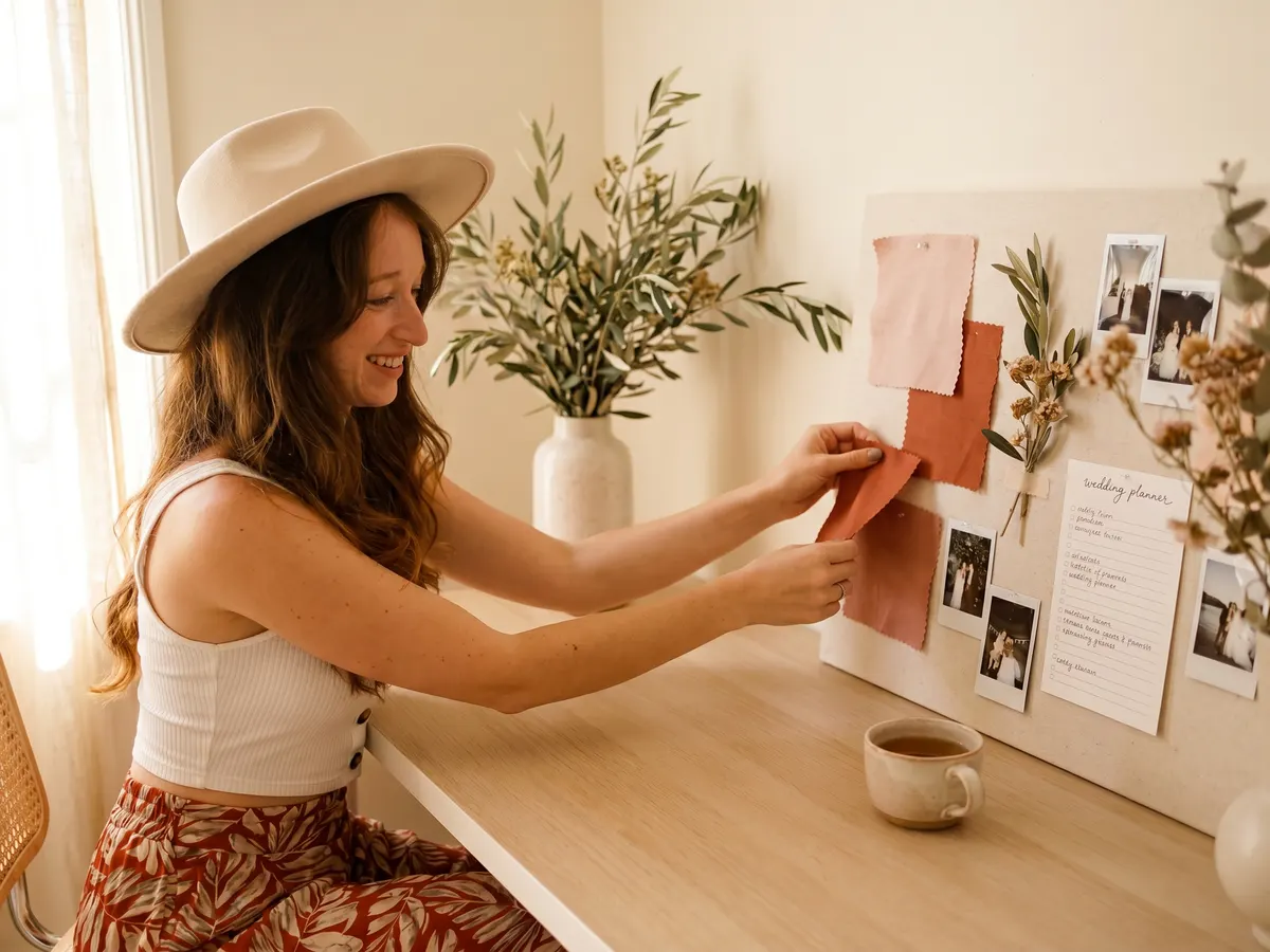 Weddingplanner Eelke werkt aan een moodboard met stofstalen in terracotta en blush