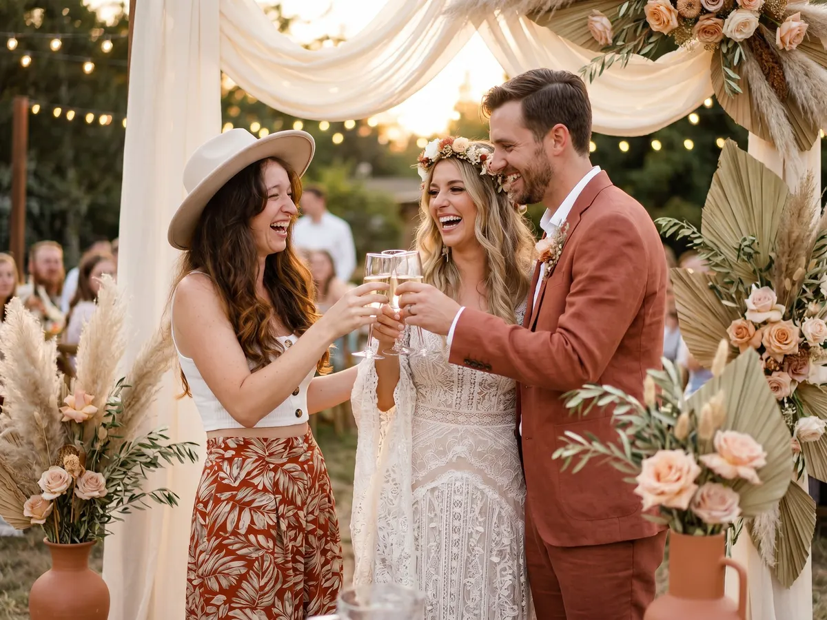 Eelke proost lachend met een bruidspaar op een boho bruiloftsfeest met lichtslingers